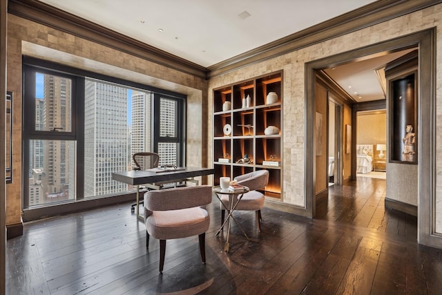 77 E Walton St Unit 25C, Chicago, IL 60611 - dining room featuring dark wood-style floors, an office area, ornamental molding, built in shelves, and baseboards