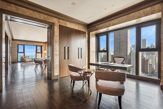 77 E Walton St Unit 25C, Chicago, IL 60611 - dining area with ornamental molding, plenty of natural light, dark wood-style floors, and a view of city