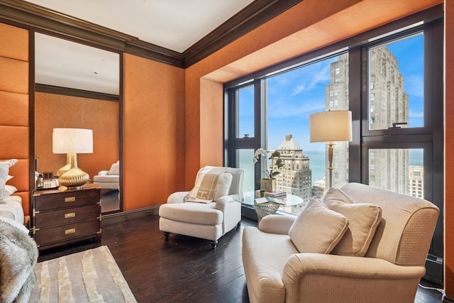 77 E Walton St Unit 25C, Chicago, IL 60611 - sitting room featuring ornamental molding, hardwood / wood-style flooring, a view of city, and baseboards