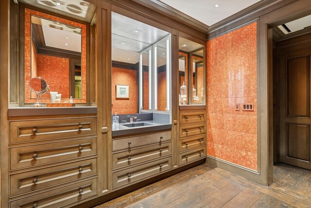 77 E Walton St Unit 25C, Chicago, IL 60611 - bathroom with hardwood / wood-style flooring, crown molding, and vanity