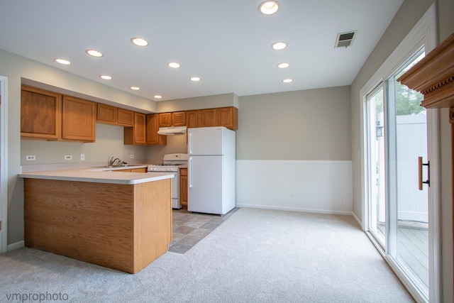 300 Hunters Cir, Fox River Grove, IL 60021 - kitchen featuring white appliances, under cabinet range hood, recessed lighting, a sink, and light carpet