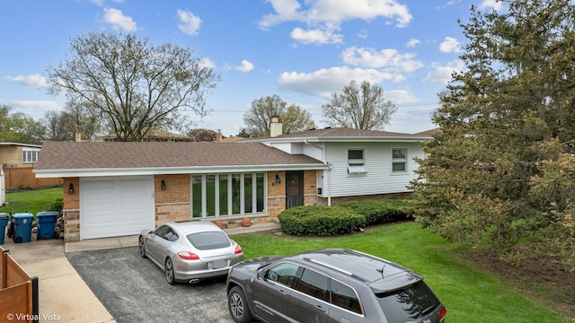 8139 W Bryn Mawr Ave, Norwood Park, IL 60631 - tri-level home featuring brick siding, asphalt driveway, a front yard, a shingled roof, and a garage