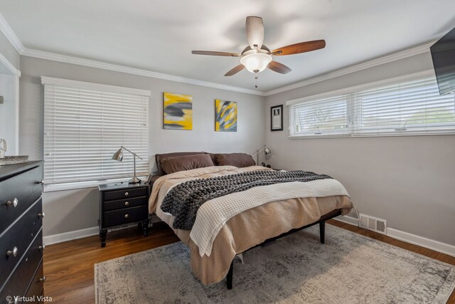 8139 W Bryn Mawr Ave, Norwood Park, IL 60631 - bedroom with baseboards, crown molding, dark wood-style flooring, and ceiling fan