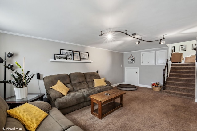 8139 W Bryn Mawr Ave, Norwood Park, IL 60631 - carpeted living room with baseboards, stairs, ornamental molding, and track lighting