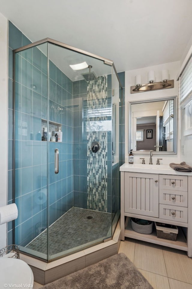 8139 W Bryn Mawr Ave, Norwood Park, IL 60631 - bathroom featuring a shower stall, vanity, tile patterned flooring, and toilet