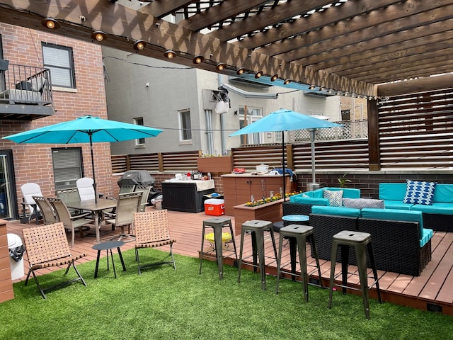 view of patio featuring outdoor lounge area, a pergola, outdoor dining area, a deck, and area for grilling