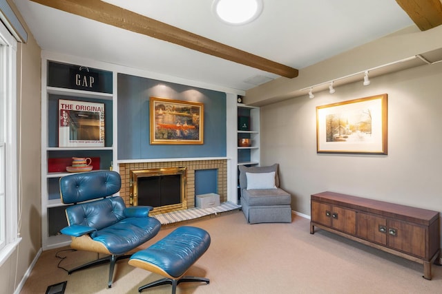 1712 Sutton Ln, Schaumburg, IL 60194 - living area with carpet floors, track lighting, a fireplace, baseboards, and beamed ceiling