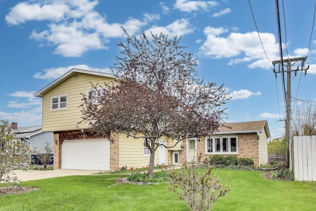 split level home with brick siding, concrete driveway, and an attached garage