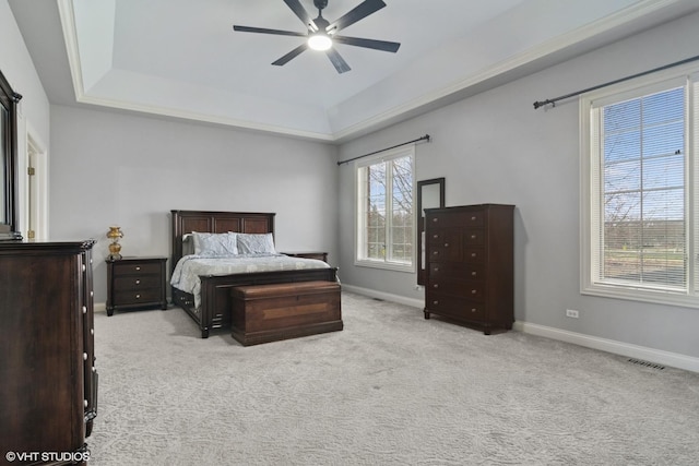 101 Lucy Ct, Lake Zurich, IL 60047 - bedroom featuring baseboards, a raised ceiling, light carpet, and a ceiling fan