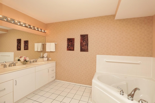 1625 Glenview Rd Unit 210, Glenview, IL 60025 - full bathroom with a garden tub, double vanity, tile patterned flooring, and wallpapered walls