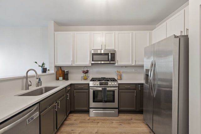 kitchen with stainless steel appliances, a sink, white cabinetry, and light countertops