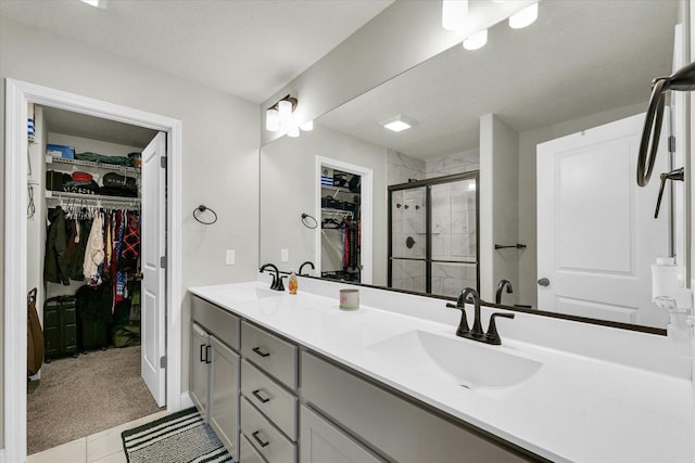 3901 Obsidian Dr, Champaign, IL 61822 - full bathroom featuring double vanity, a walk in closet, and a shower stall