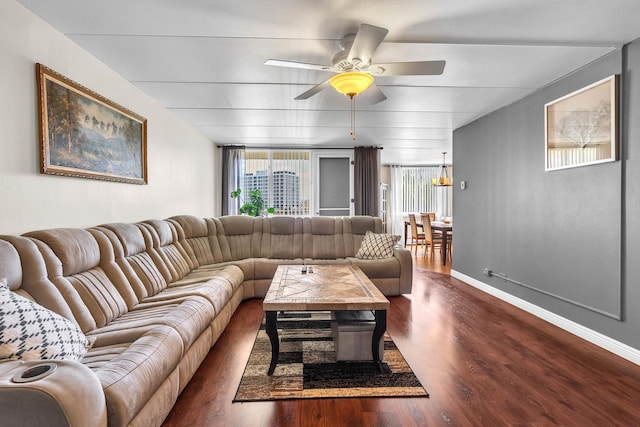 225 S Rohlwing Rd Unit 301, Palatine, IL 60074 - living room with dark wood-style flooring, baseboards, and a ceiling fan