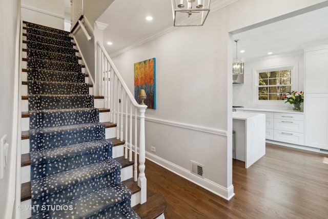 843 Chilton Ln, Wilmette, IL 60091 - stairs with ornamental molding, wood finished floors, baseboards, a chandelier, and recessed lighting