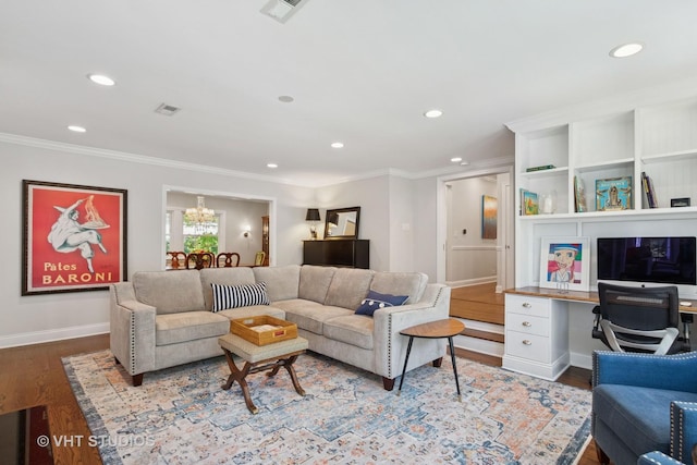 843 Chilton Ln, Wilmette, IL 60091 - living area with ornamental molding, wood finished floors, baseboards, recessed lighting, and a chandelier