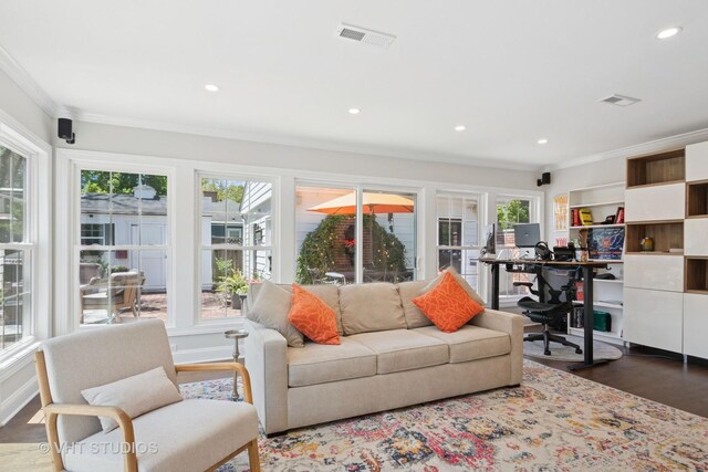 843 Chilton Ln, Wilmette, IL 60091 - living room featuring plenty of natural light, an office area, crown molding, dark wood-style floors, and recessed lighting