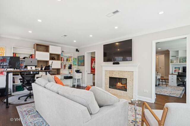 843 Chilton Ln, Wilmette, IL 60091 - living area with crown molding, a high end fireplace, a desk, recessed lighting, and dark wood-style flooring
