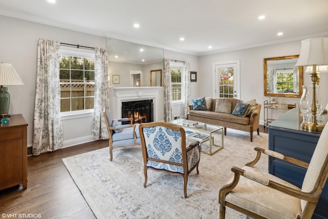 living room with healthy amount of natural light, wood finished floors, recessed lighting, crown molding, and a lit fireplace