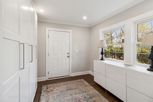 843 Chilton Ln, Wilmette, IL 60091 - foyer entrance with baseboards, dark wood finished floors, ornamental molding, and recessed lighting