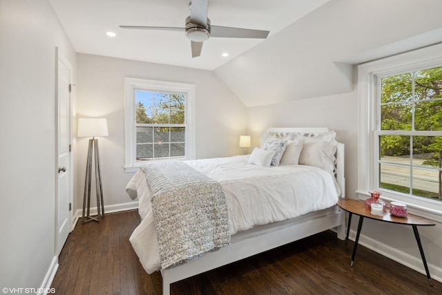 bedroom featuring lofted ceiling, baseboards, dark wood finished floors, ceiling fan, and recessed lighting