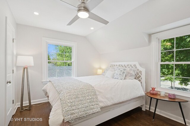 843 Chilton Ln, Wilmette, IL 60091 - bedroom with baseboards, vaulted ceiling, wood finished floors, recessed lighting, and a ceiling fan