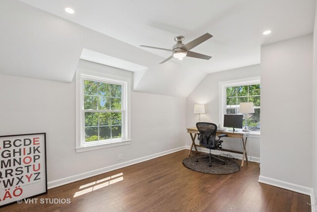 843 Chilton Ln, Wilmette, IL 60091 - office area with ceiling fan, baseboards, lofted ceiling, wood finished floors, and recessed lighting
