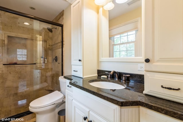 bathroom featuring toilet, a shower stall, and vanity