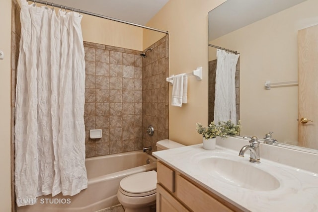 full bathroom with toilet, shower / bath combination with curtain, and vanity
