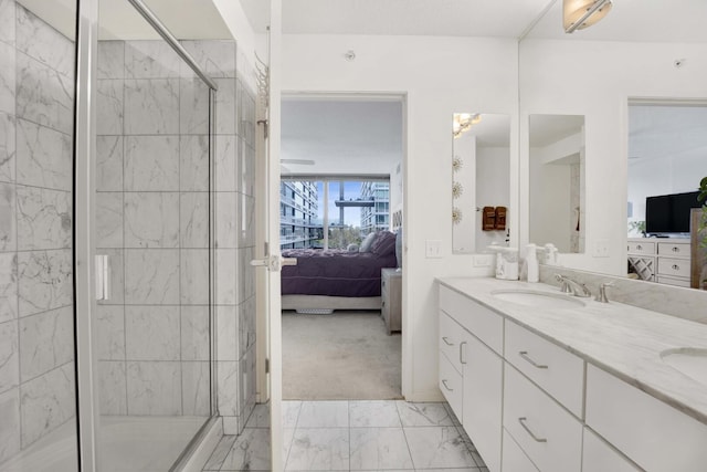 9725 Woods Dr Unit 507, Skokie, IL 60077 - ensuite bathroom with marble look tile flooring, a shower stall, and double vanity