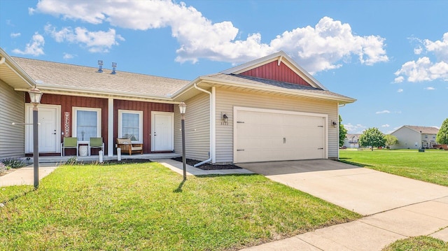 ranch-style home featuring a porch, an attached garage, a front lawn, concrete driveway, and roof with shingles