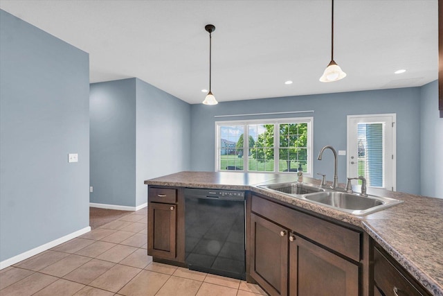 kitchen with black dishwasher, a sink, baseboards, hanging light fixtures, and light tile patterned floors