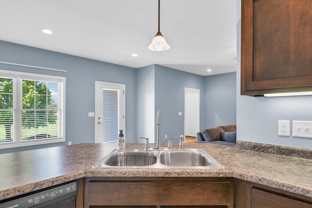 kitchen with a sink, black dishwasher, dark brown cabinets, decorative light fixtures, and recessed lighting