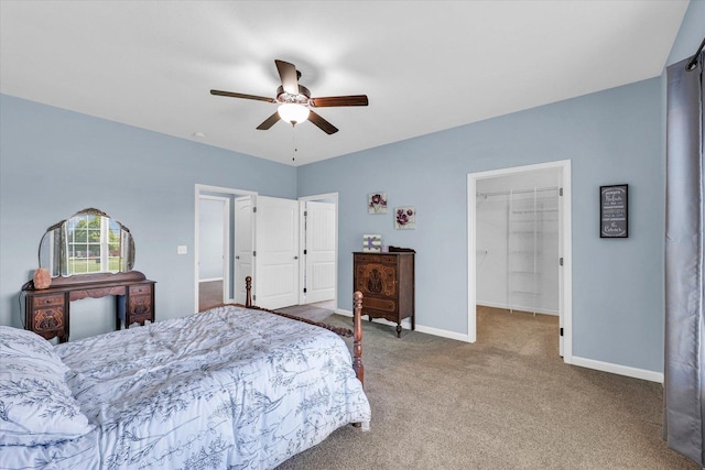 carpeted bedroom featuring baseboards, a walk in closet, a ceiling fan, and a closet