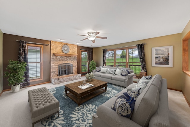 4123 Easy Cir, Naperville, IL 60564 - living room with baseboards, a ceiling fan, a brick fireplace, and carpet floors