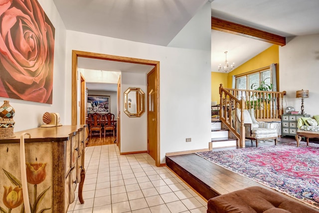 6732 W 113th Pl, Worth, IL 60482 - living area with a chandelier, light tile patterned floors, baseboards, and stairs