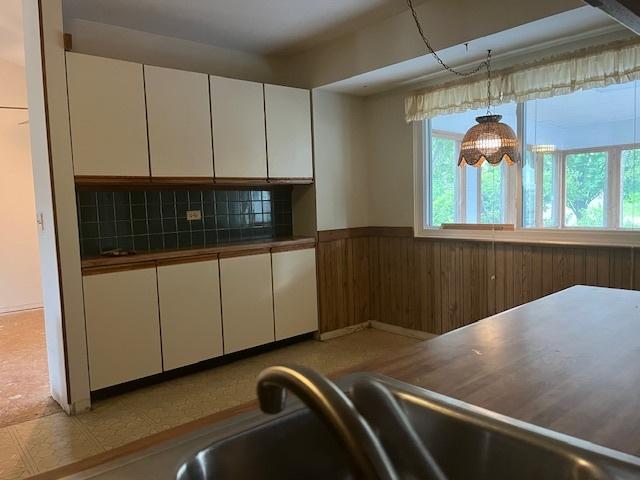 1969 Stanford Dr, Naperville, IL 60565 - kitchen featuring white cabinetry, a wainscoted wall, tasteful backsplash, dark countertops, and wooden walls