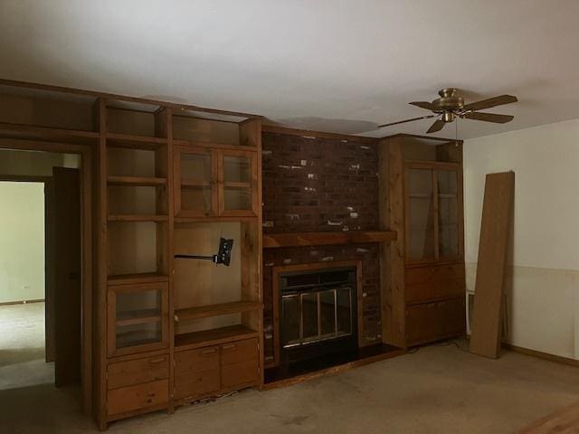 1969 Stanford Dr, Naperville, IL 60565 - unfurnished living room with ceiling fan, a fireplace, baseboards, and light carpet