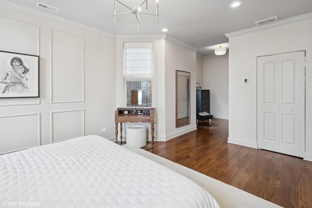 1319 N Oakley Blvd, Chicago, IL 60622 - bedroom featuring wood finished floors, crown molding, baseboards, recessed lighting, and a chandelier