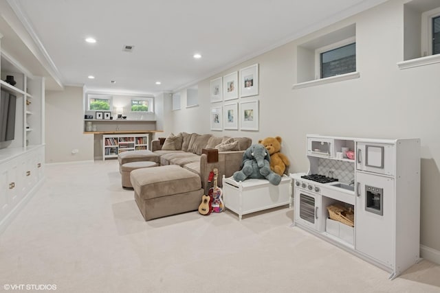 1319 N Oakley Blvd, Chicago, IL 60622 - living area featuring ornamental molding, recessed lighting, and light carpet