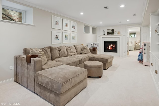 1319 N Oakley Blvd, Chicago, IL 60622 - carpeted living room featuring recessed lighting, a lit fireplace, and crown molding