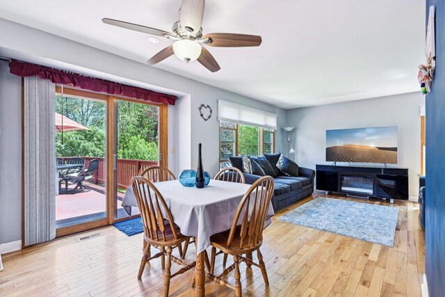 dining area featuring wood-type flooring, ceiling fan, and baseboards