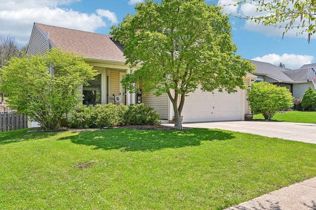 obstructed view of property with driveway, a garage, and roof with shingles