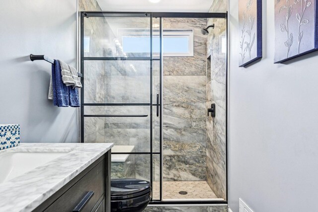 bathroom with a shower stall, toilet, and vanity