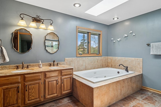 1593 Surridge Ct, Mundelein, IL 60060 - full bath with a skylight, a jetted tub, double vanity, and baseboards