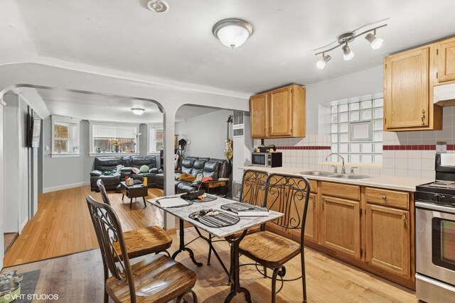 2416 N Avers Ave, Chicago, IL 60647 - kitchen featuring stainless steel appliances, arched walkways, a sink, and light countertops
