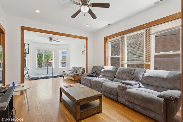 2416 N Avers Ave, Chicago, IL 60647 - living room with a ceiling fan, light wood-style floors, and recessed lighting
