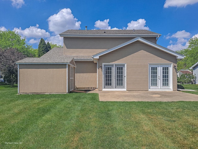 2675 Dorothy Dr, Aurora, IL 60504 - back of house featuring a patio, a lawn, a shed, an outdoor structure, and french doors
