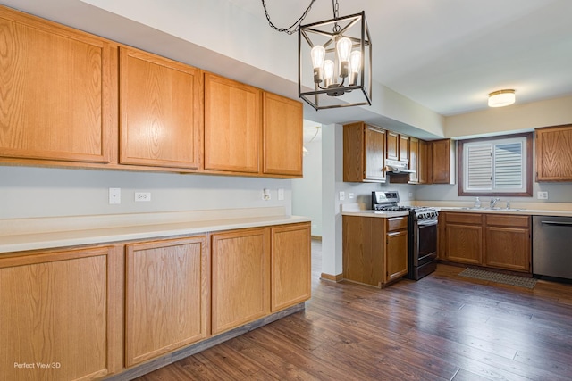 2675 Dorothy Dr, Aurora, IL 60504 - kitchen featuring range with gas cooktop, stainless steel dishwasher, a sink, under cabinet range hood, and a chandelier