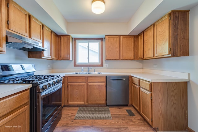 2675 Dorothy Dr, Aurora, IL 60504 - kitchen featuring stainless steel appliances, under cabinet range hood, a sink, light wood finished floors, and light countertops