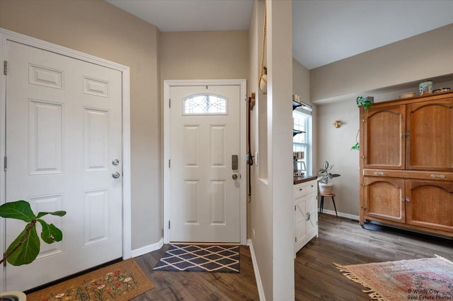 entrance foyer with dark wood-type flooring and baseboards